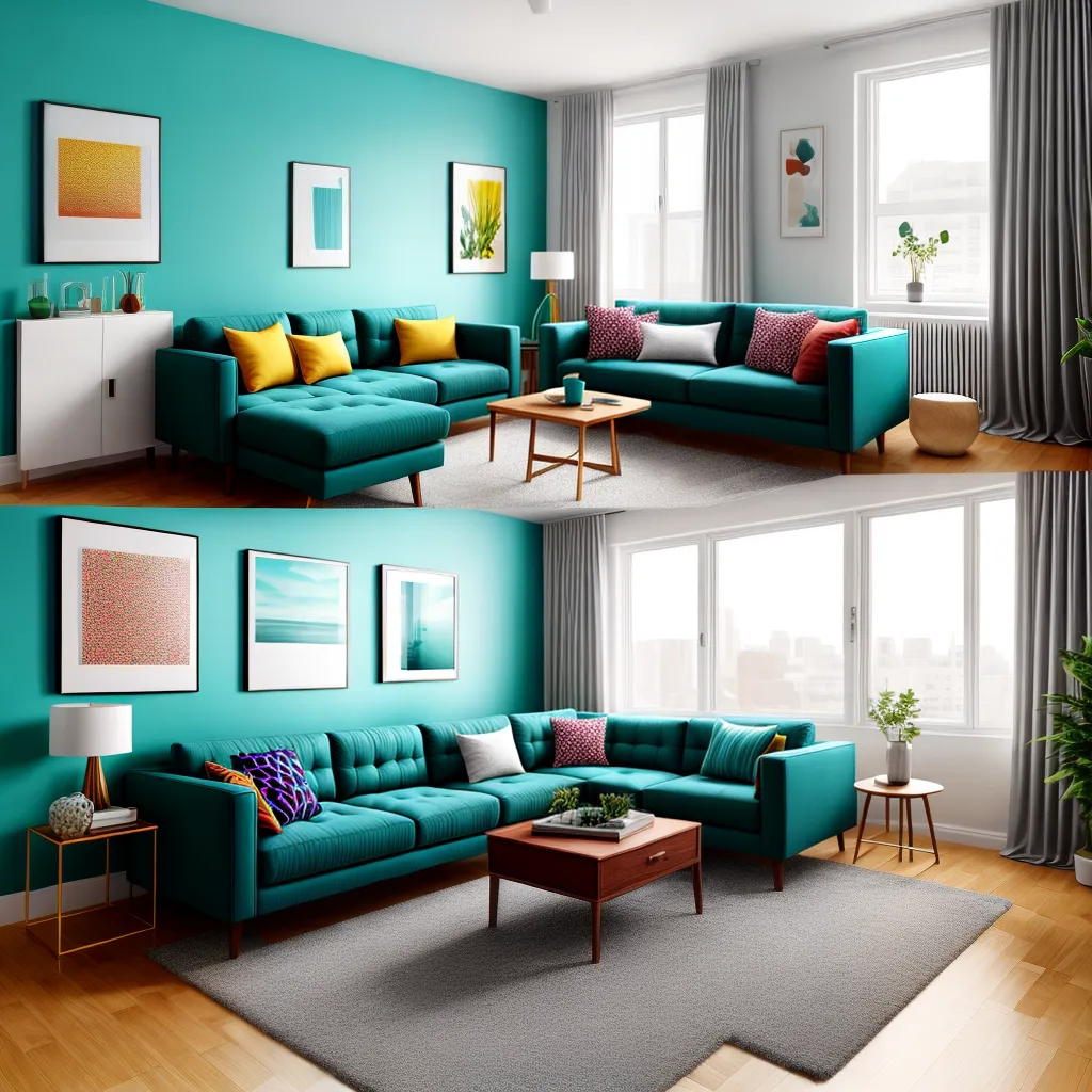 sala vibrante parede teal sofa amarelo