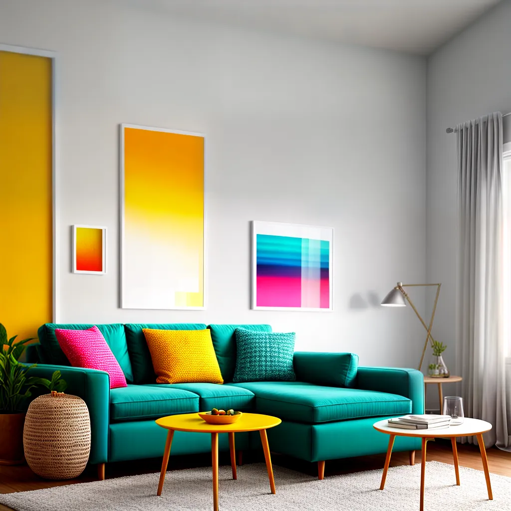sala colorida acento amarelo sofa turquesa