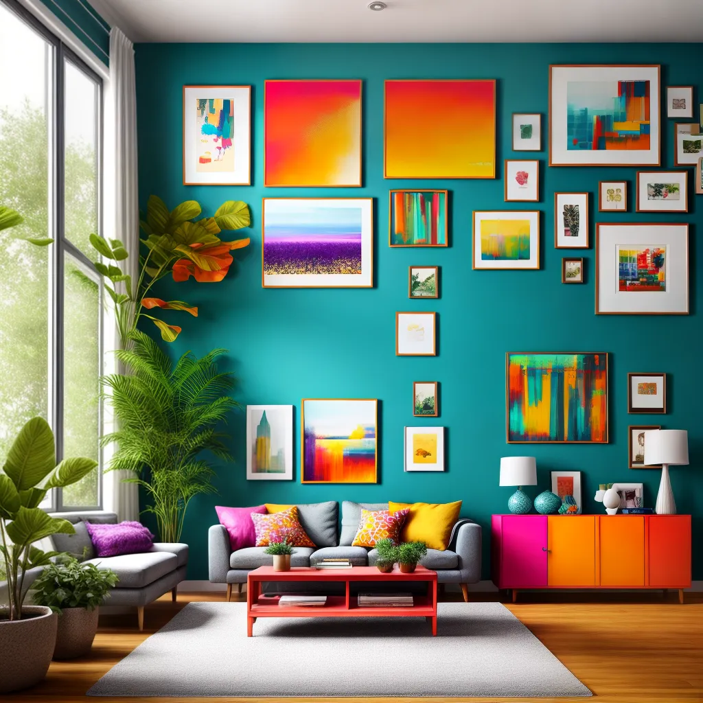 sala vibrante cores plantas arte