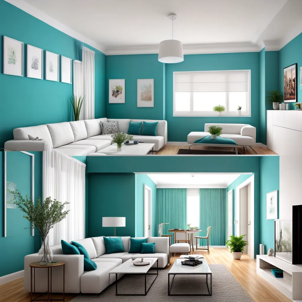 sala minimalista branco teal
