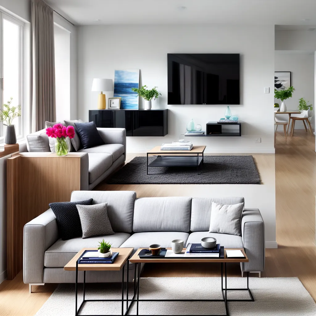 sala minimalista sofa cinza arte colorida