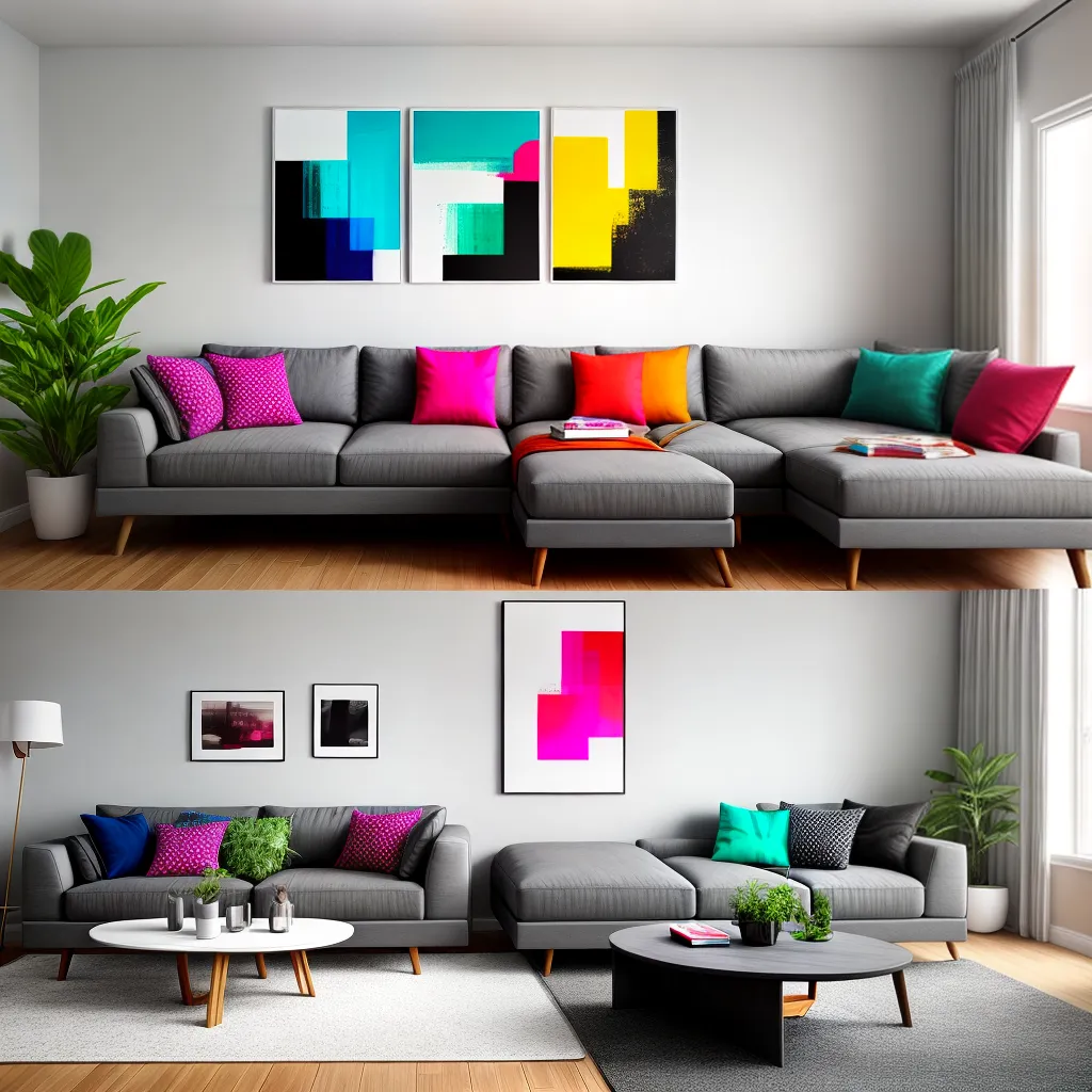 sala contemporanea sofa cinza arte colorida