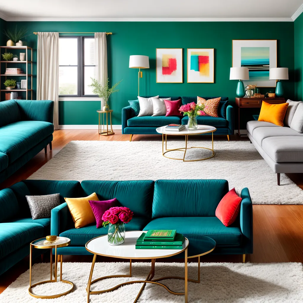 sala estar sofa verde ouro abstrato