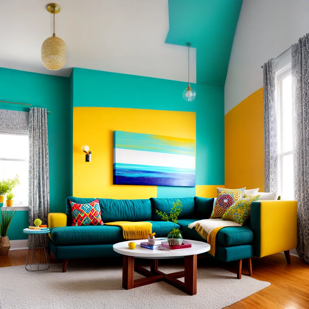 sala vibrante cores teal amarelo arte