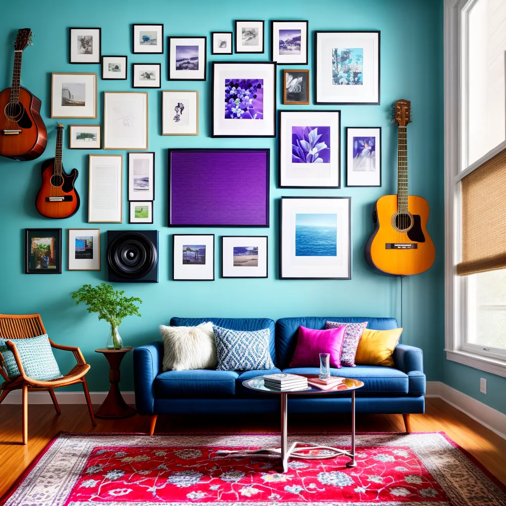 sala vibrante azul roxo instrumentos musicais