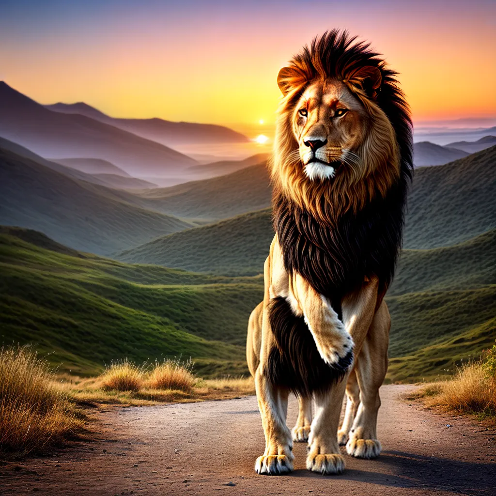 leao majestoso por do sol selvagem 2