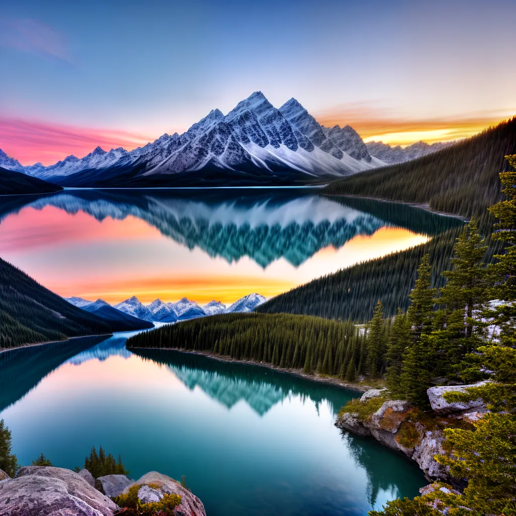 por do sol lago montanhas neve