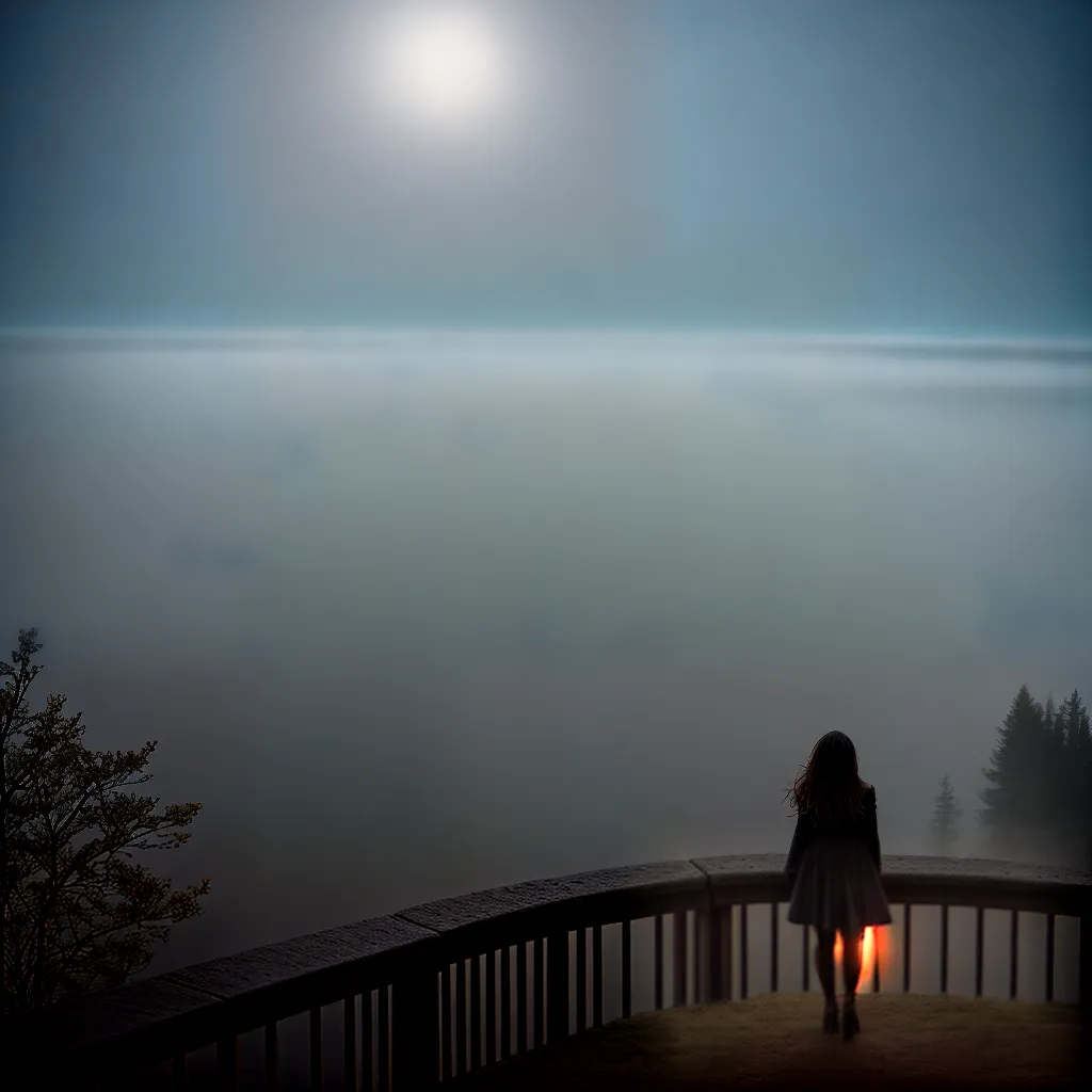 mulher silhueta ponte nevoeiro cidade lua mulher silhueta ponte nevoeiro cidade lua