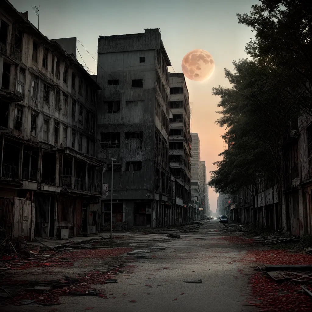 cidade abandonada vegetacao destruida lua vermelha