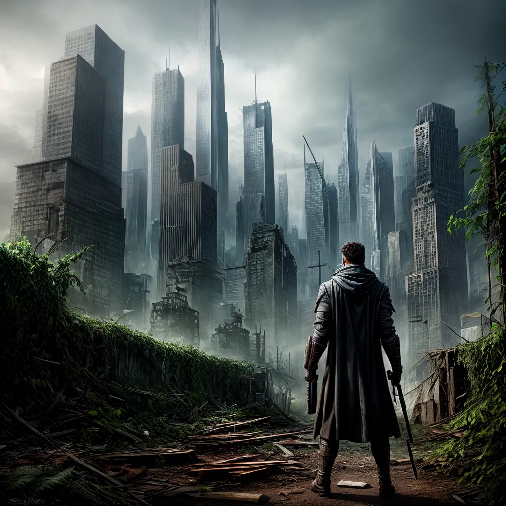 cidade dystopia arruinada figura solitaria