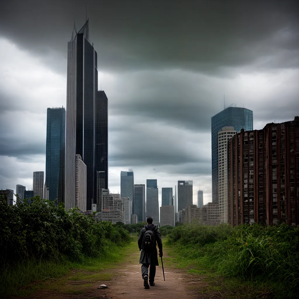 cidade distorpica arruinada nuvens figura solitaria cidade distorpica arruinada nuvens figura solitaria