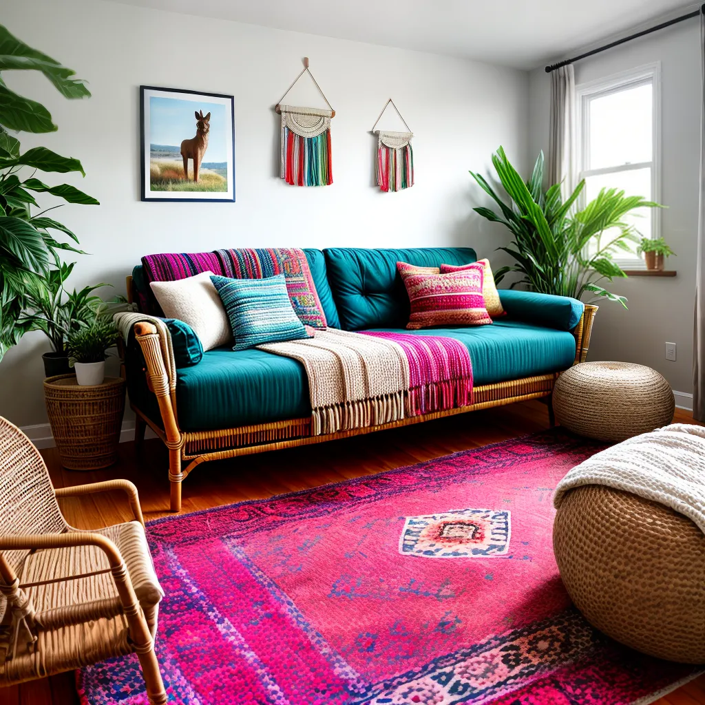 sala boho colorida plantas acolhedora