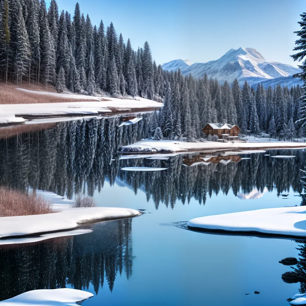paisagem inverno montanhas cabana lago gelado