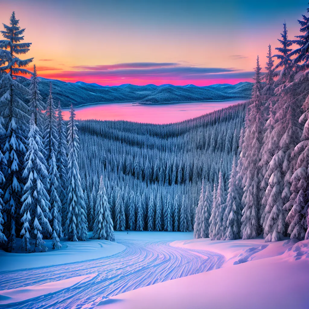 paisagem neve montanhas lago por do sol
