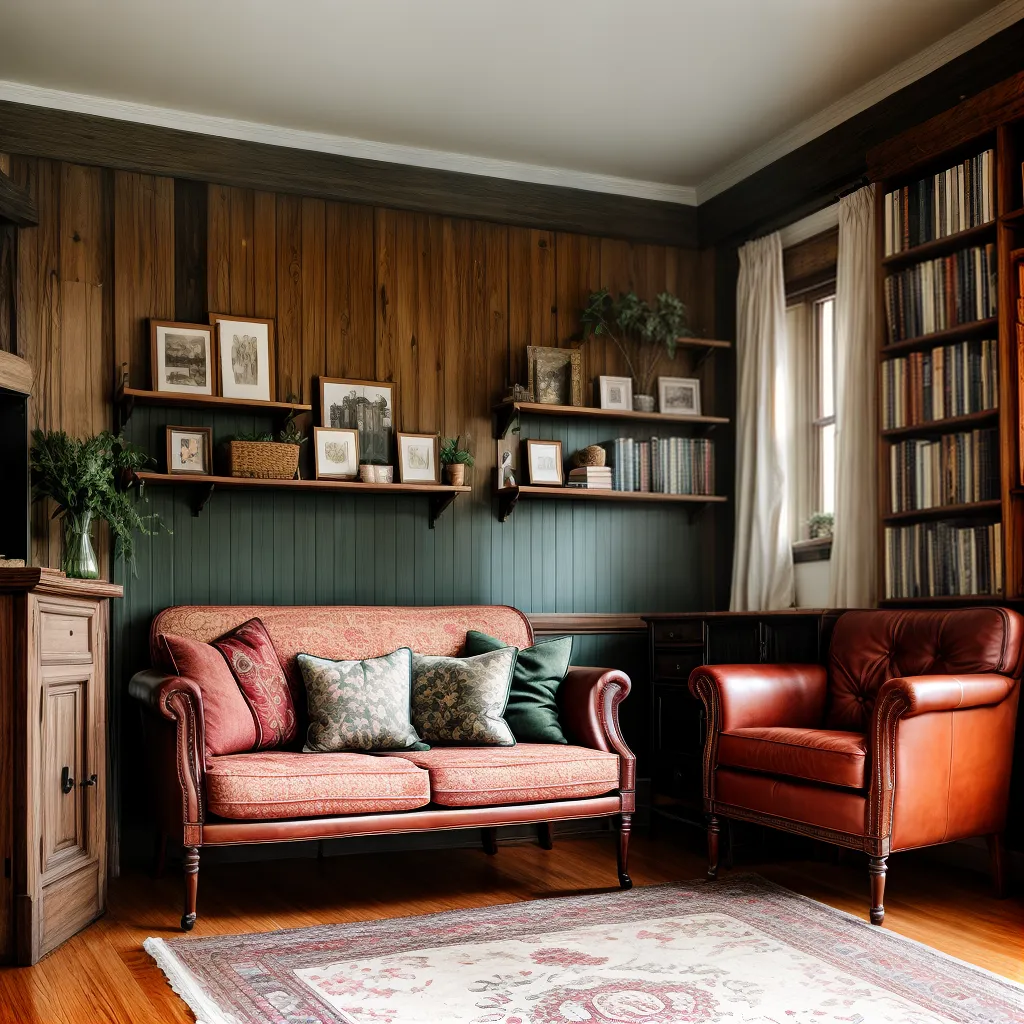 sala vintage poltrona madeira livros