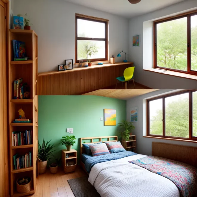 quarto infantil sustentavel madeira quilt livros murais