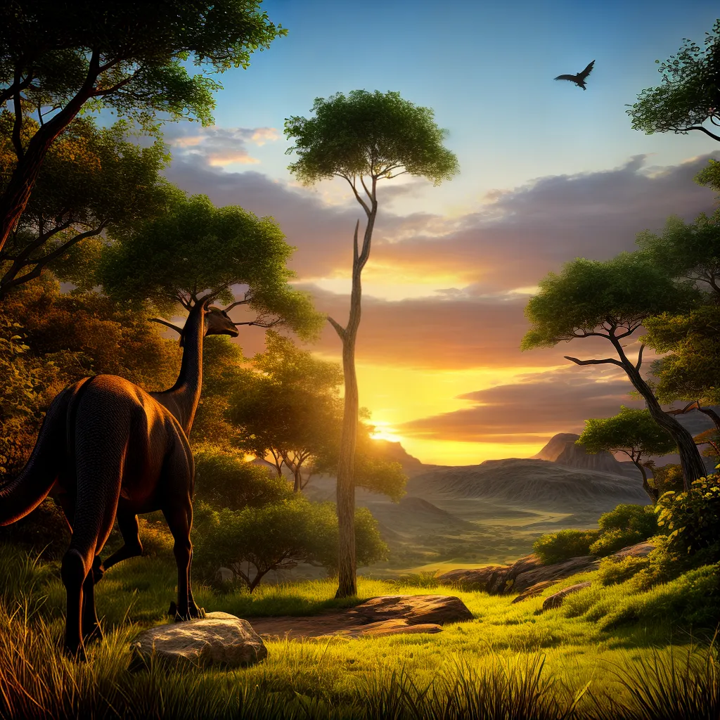 paisagem prehistorica dinossauros sol fossil