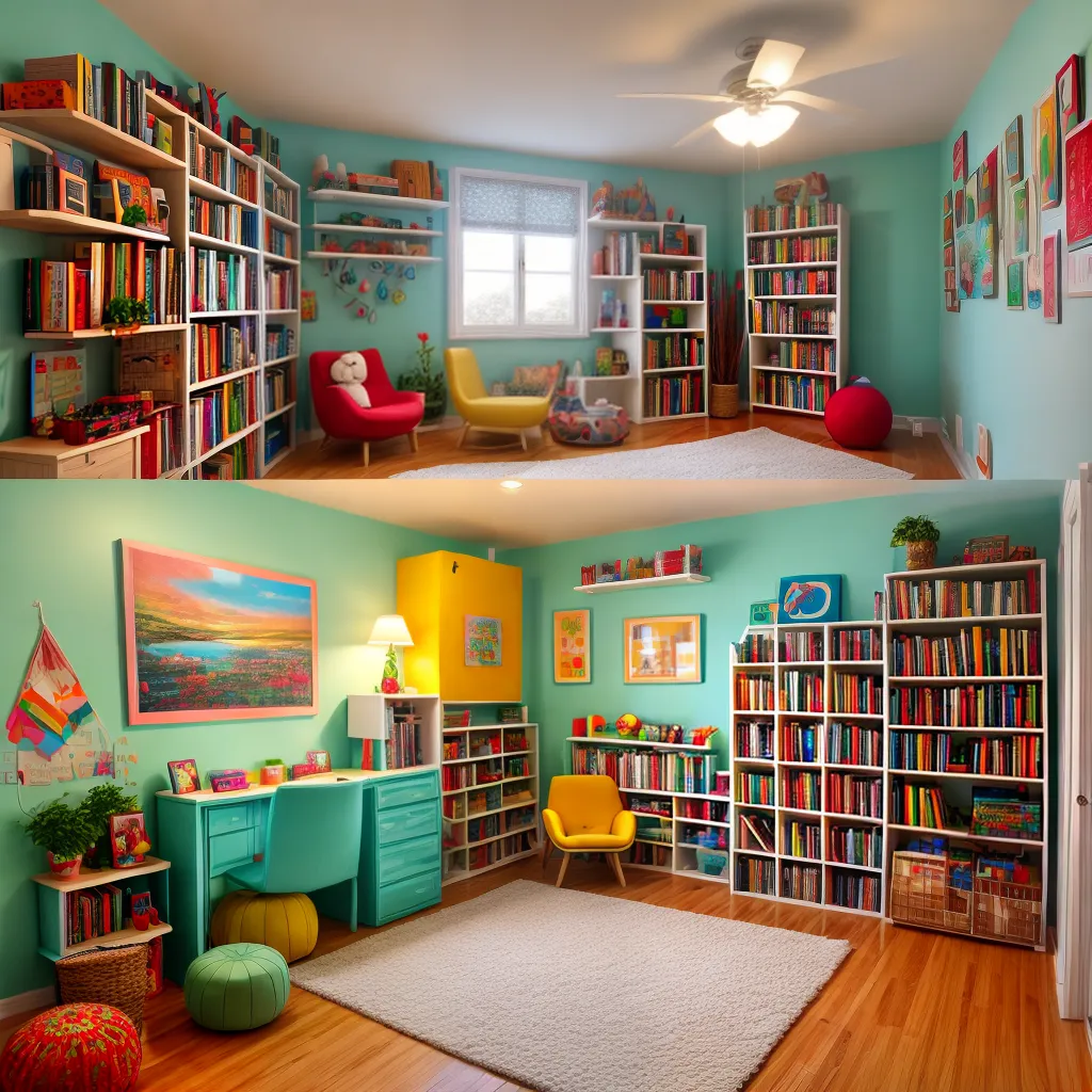 sala colorida arvore estante livros
