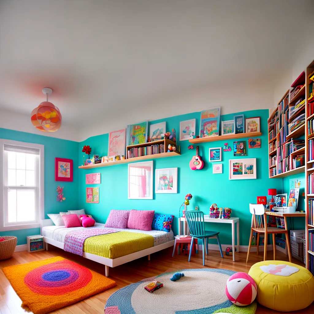 quarto infantil colorido mural cama brinquedos