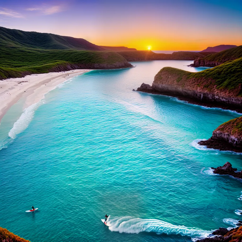 praia azul turquesa surf paddleboard por do sol