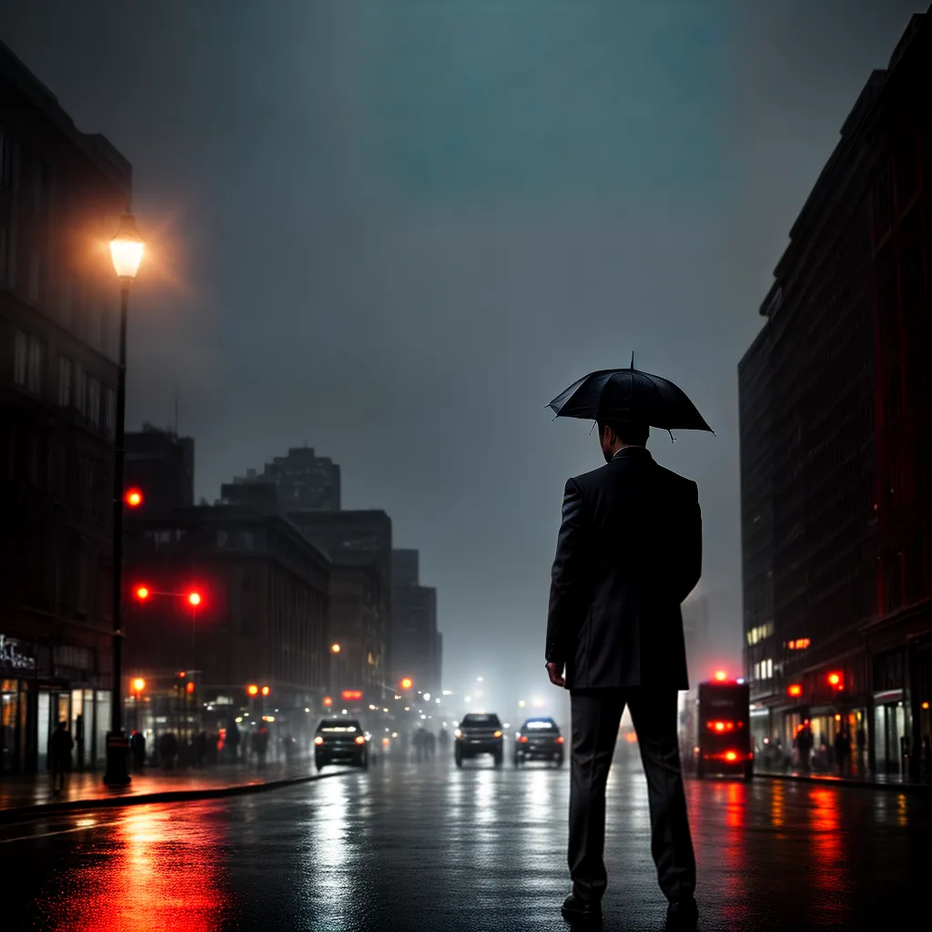 detetive chuva cidade silhueta