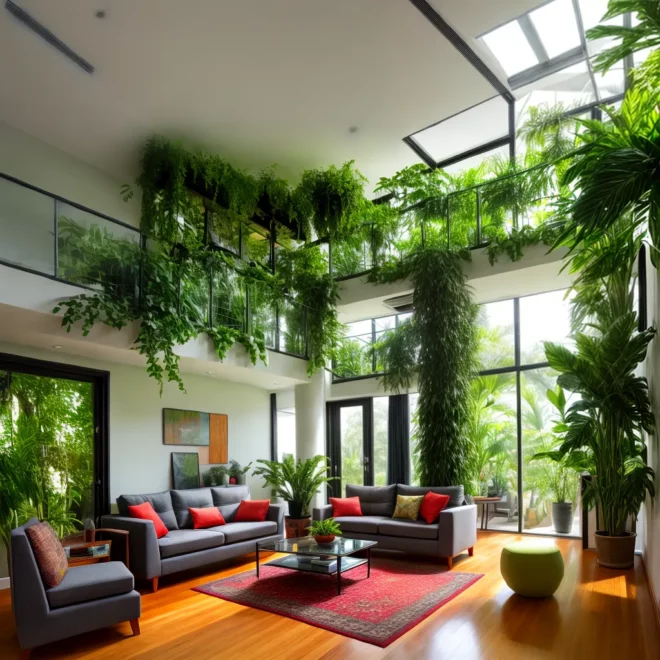 sala vibrante janelas verde plantas
