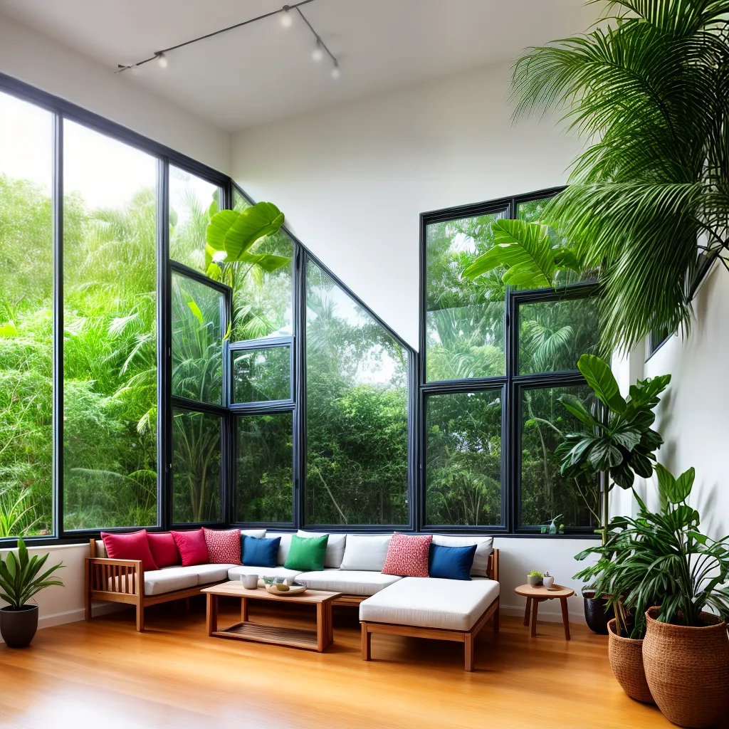 sala janelas verdes plantas acolhedora