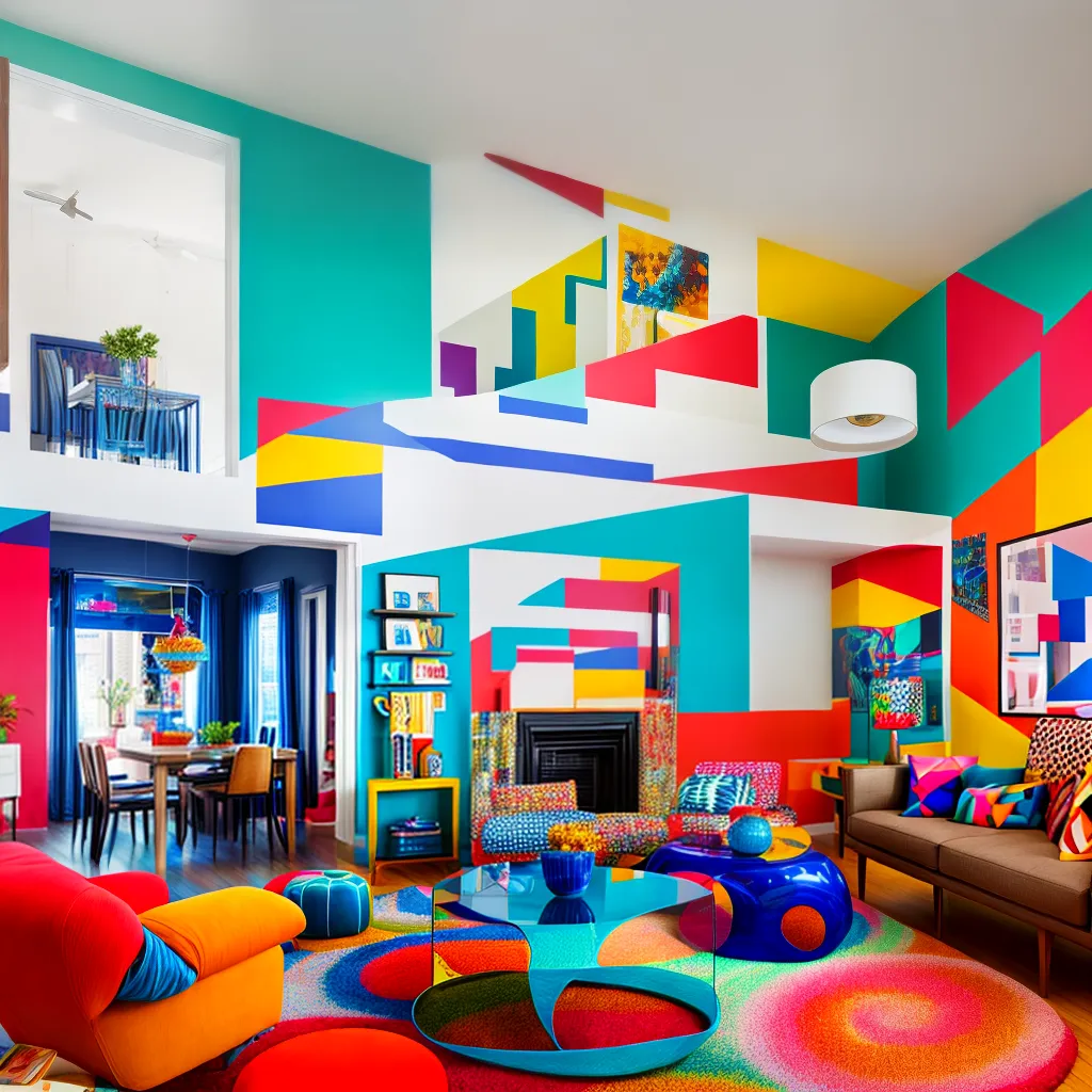 sala vibrante memphis geometrica colorida