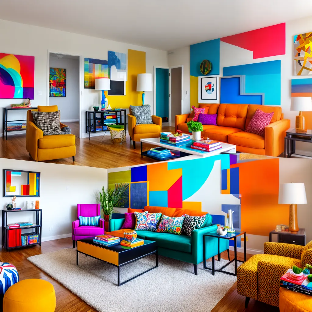 sala memphis design ousada colorida