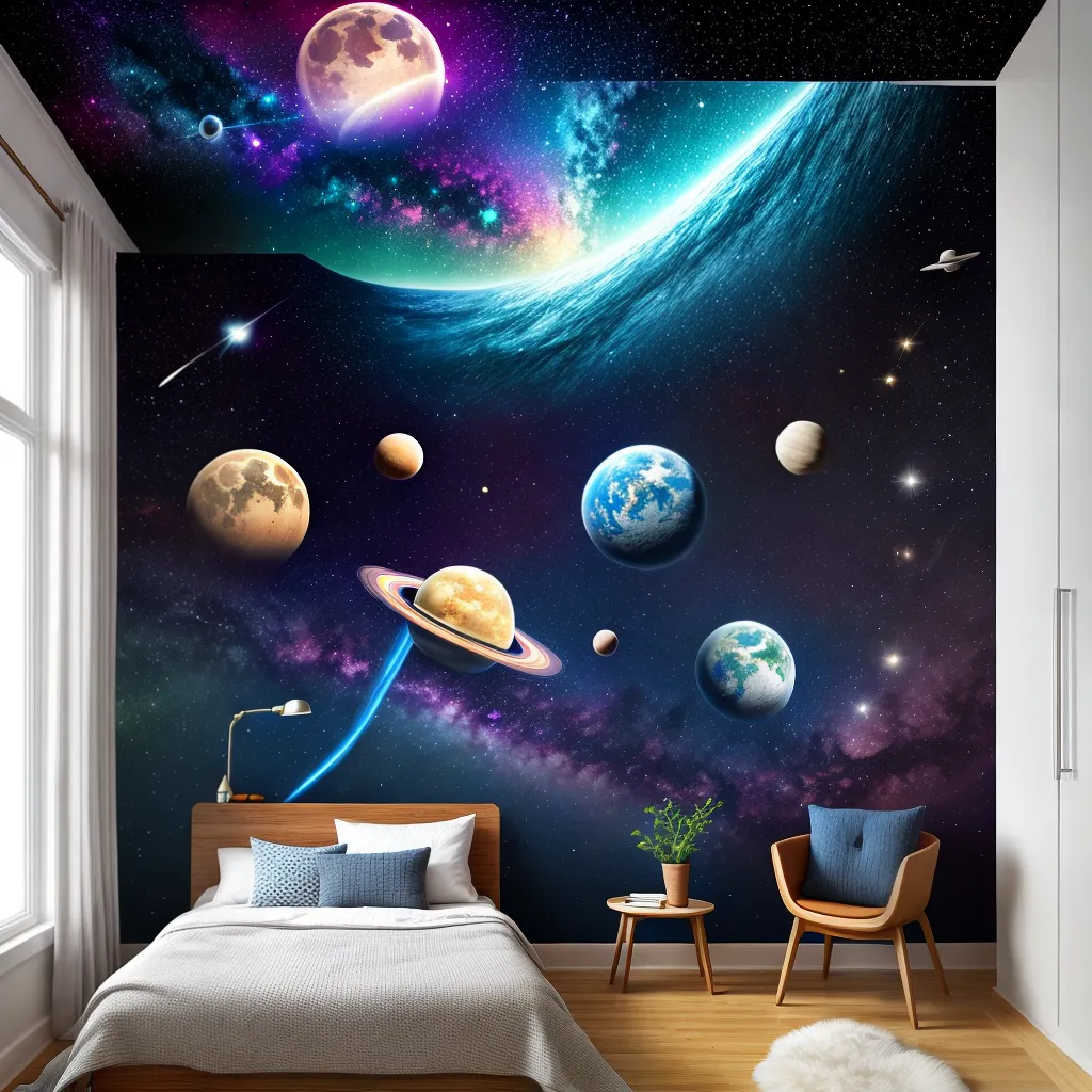 quarto espaco murais planetas aliens