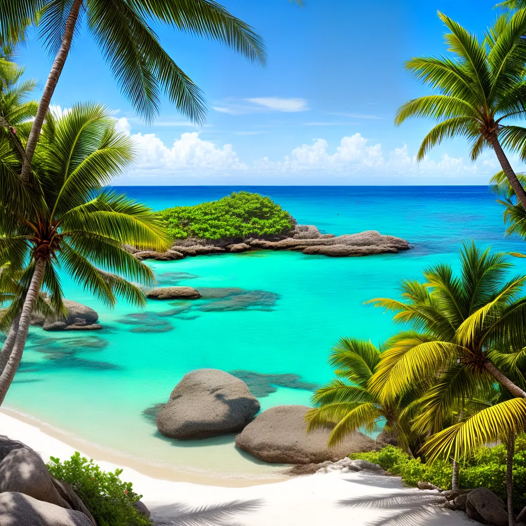 pintura praia tropical palmeiras azul