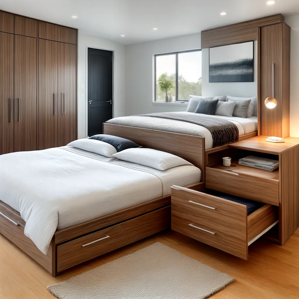 quarto moderno cama madeira armazenamento