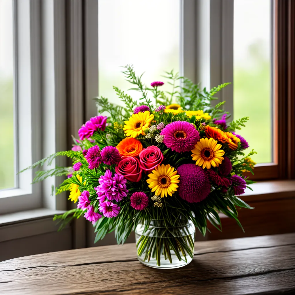 bouquet colorido mesa rustica luz natural