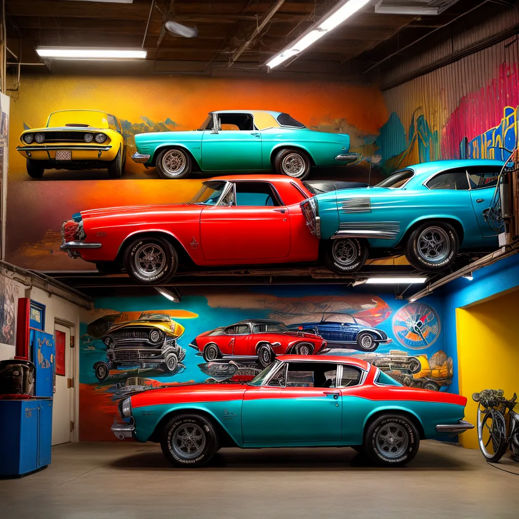garagem iluminada murais vintage automotiva