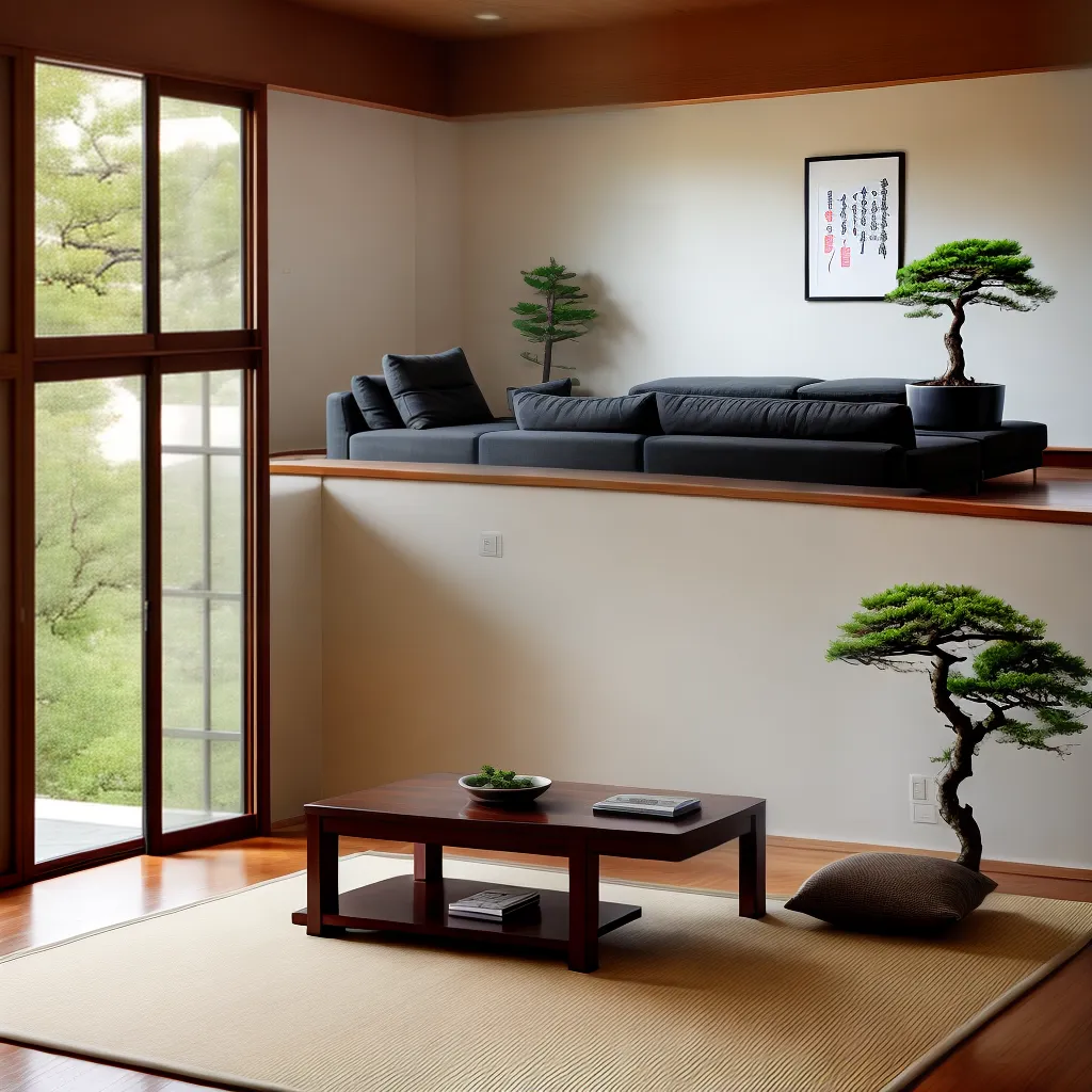sala minimalista mesa cafe bonsai