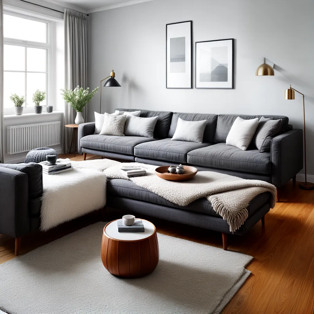 sala escandinava sofa madeira arte