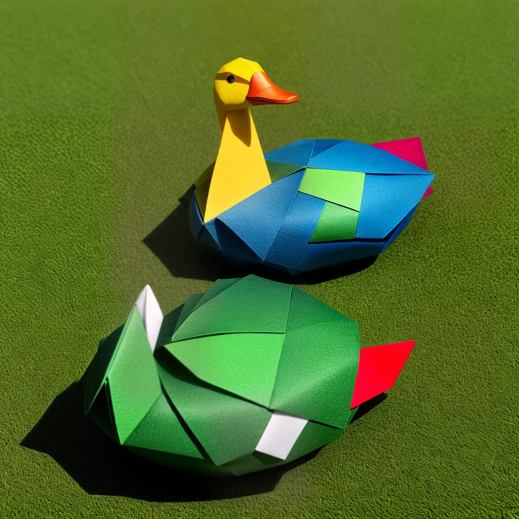origami pato detalhes grama verde