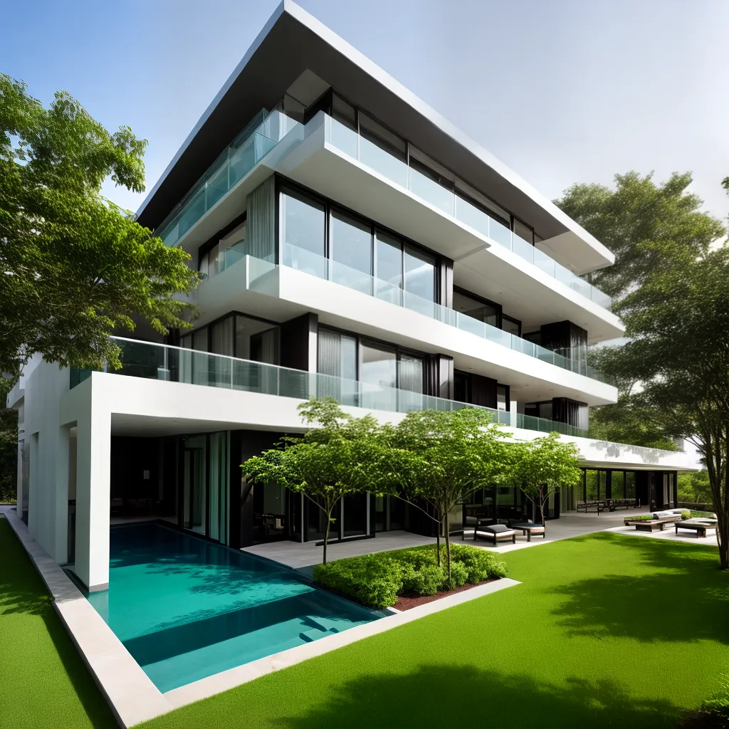 edificio moderno janelas paisagem verde