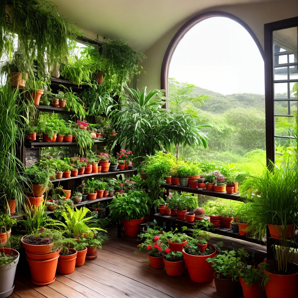 jardim interno cogumelos terracota janela