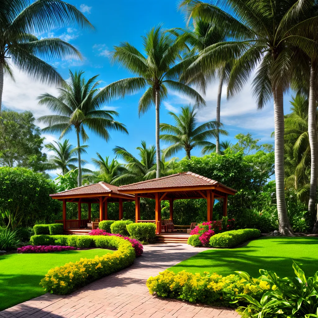jardim tropical palmeiras flores gazebo