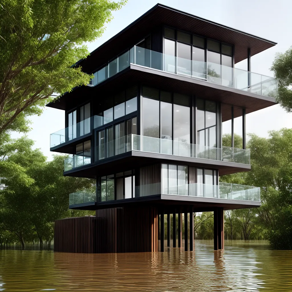 casa moderna elevada aguas alagamento
