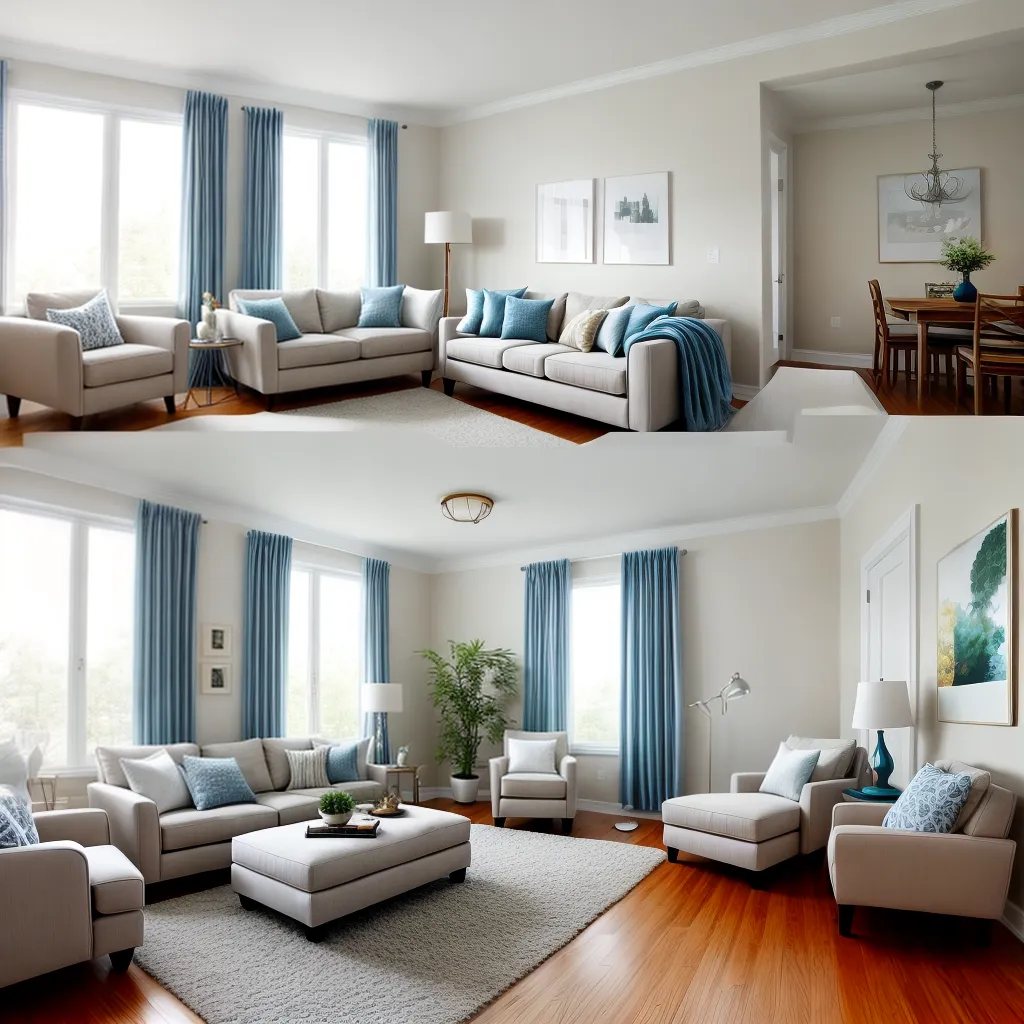 sala decorada neutra sofa azul