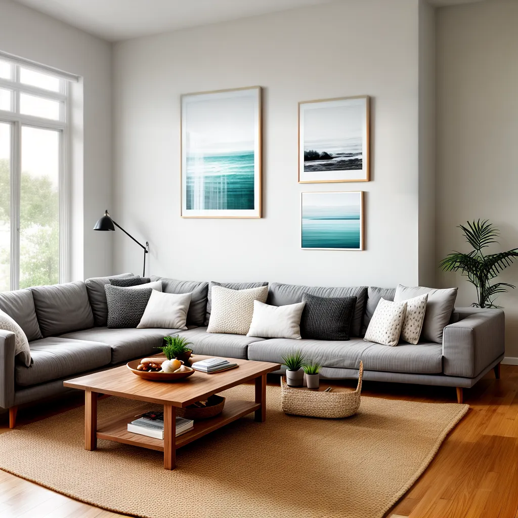 sala decorada neutra sofa cinza madeira