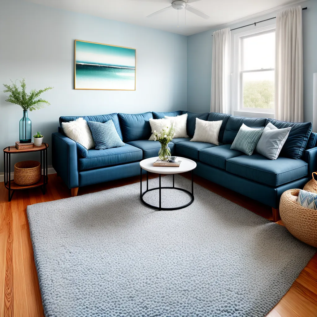 sala estar azul sofa almofadas