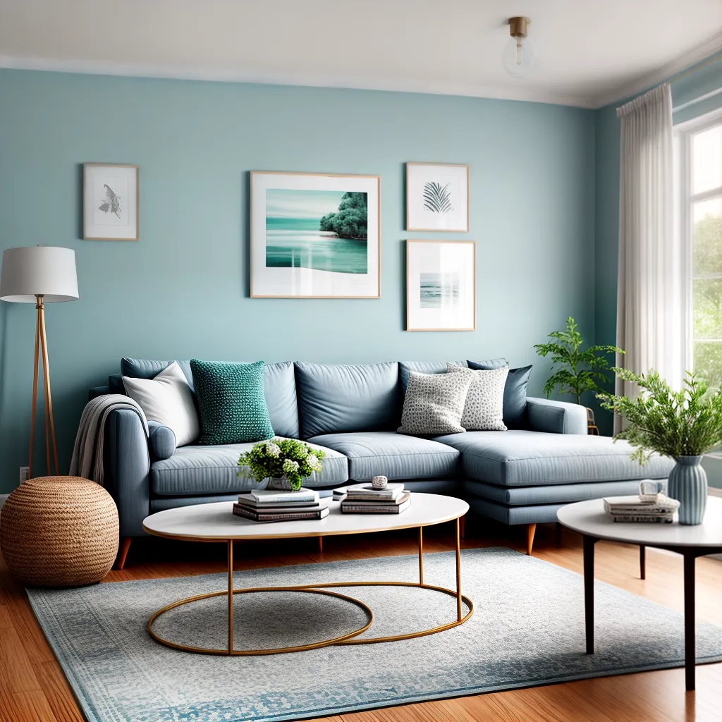 sala azul sofa cinza arte refrescante