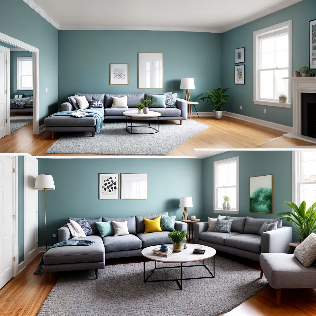 sala azul sofa cinza arte tranquilidade