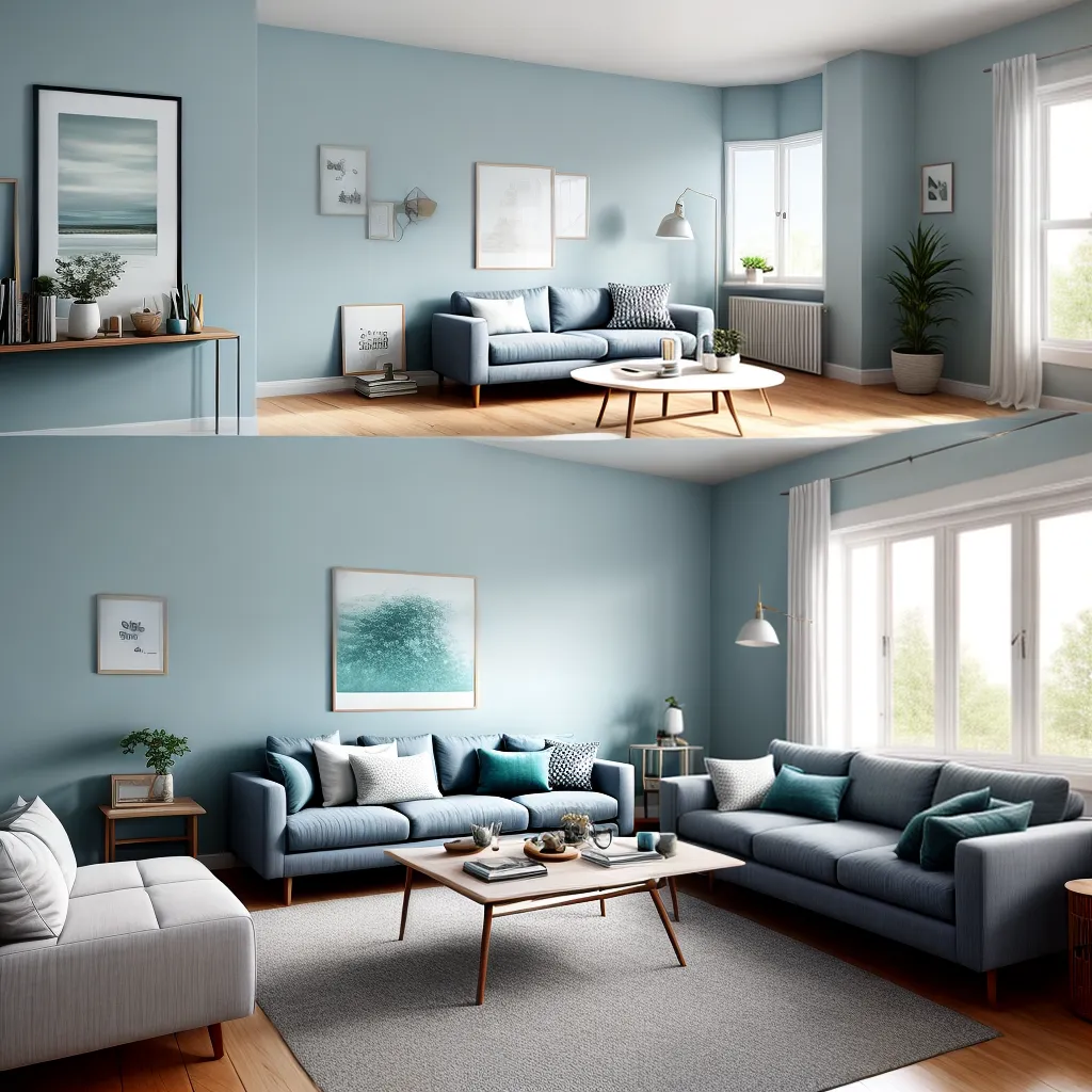 sala azul sofa cinza almofadas teal