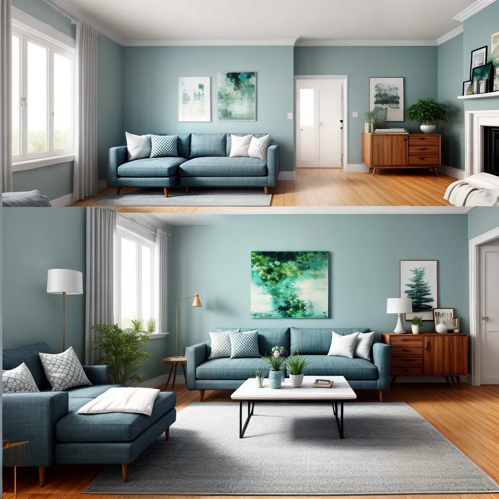 sala decorada azul sofa cinza