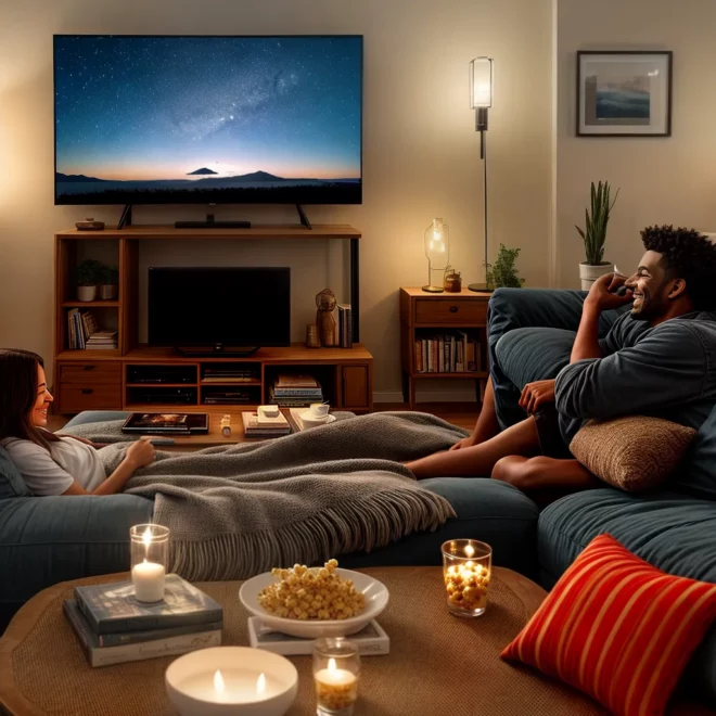 noite cinema em casa sofa amigos