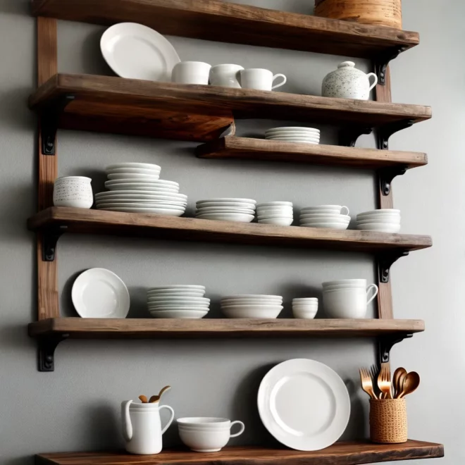prateleira madeira pratos ceramicos utensilios